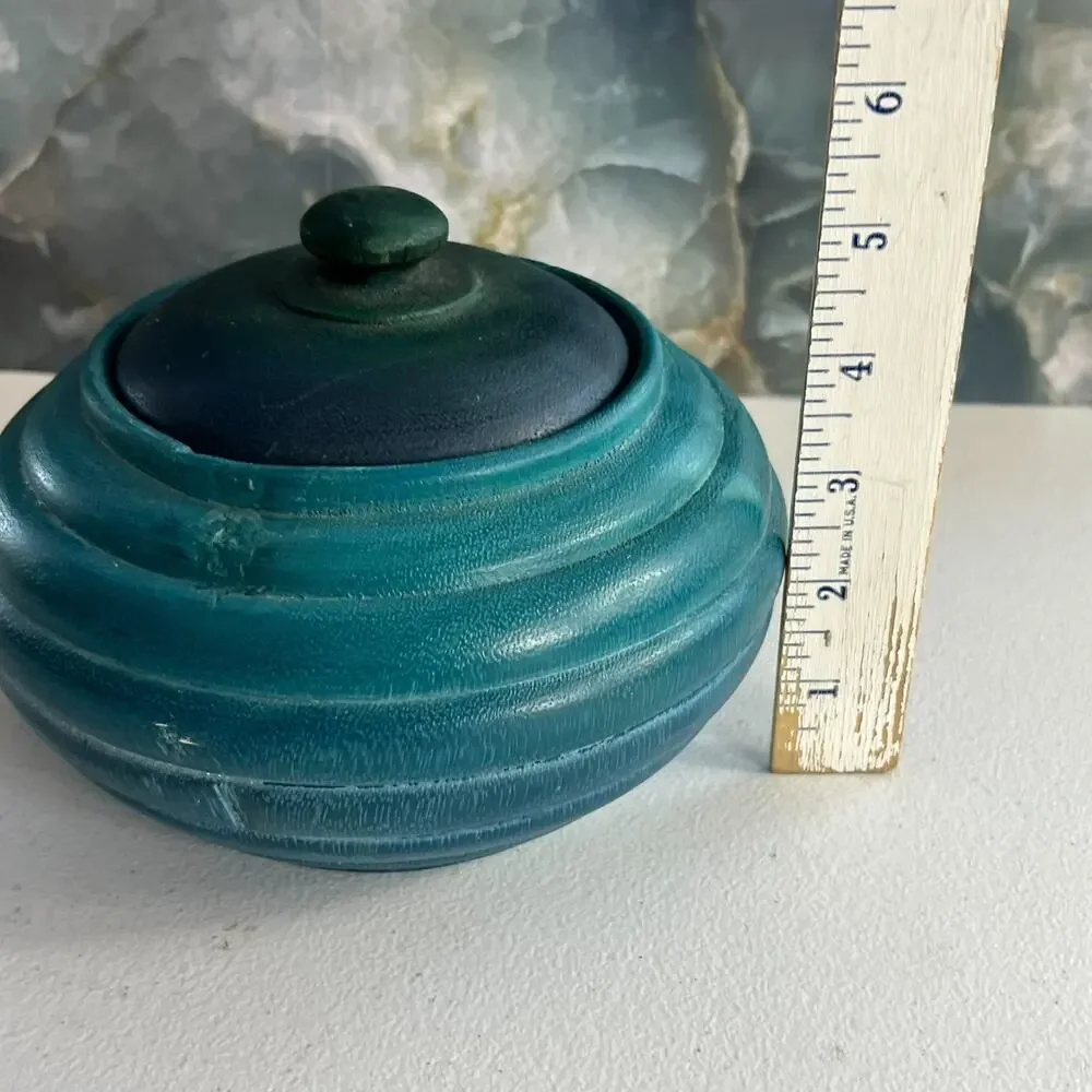 Vintage Lathe Turned Wooden Trinket Box with Lid Ombre Blue Teal